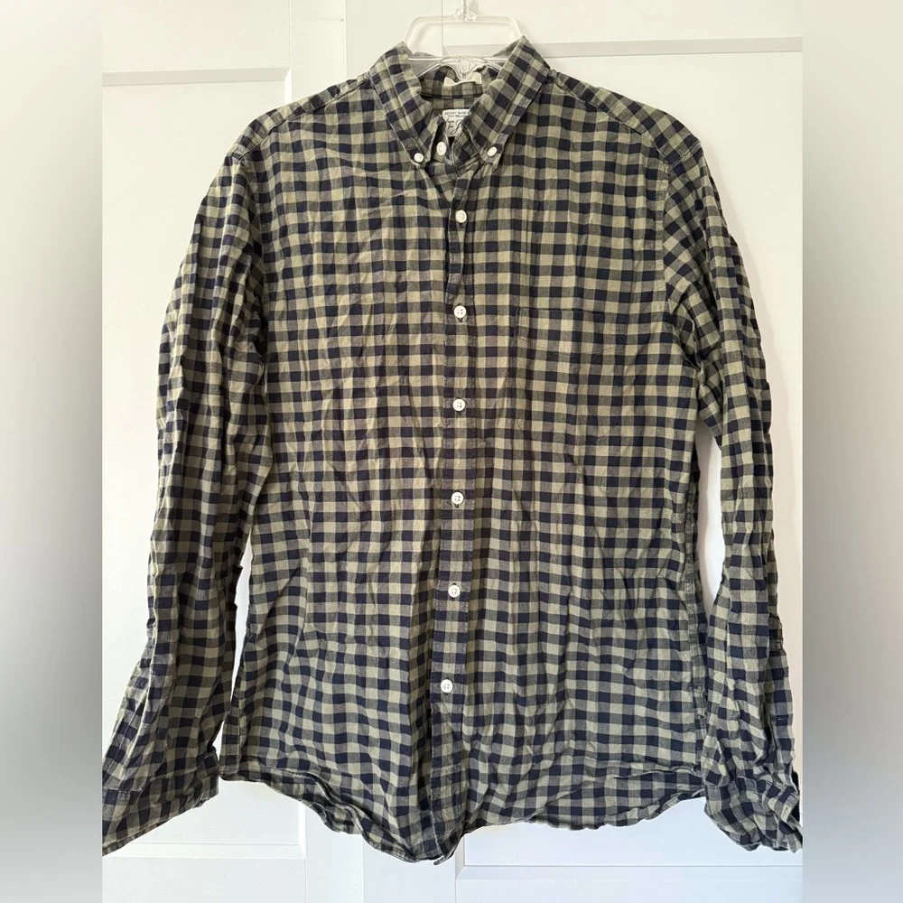 Mens J.Crew Classic Fit Checkered NavyGreen Button Down Sz M Preppy Plaid Ranch